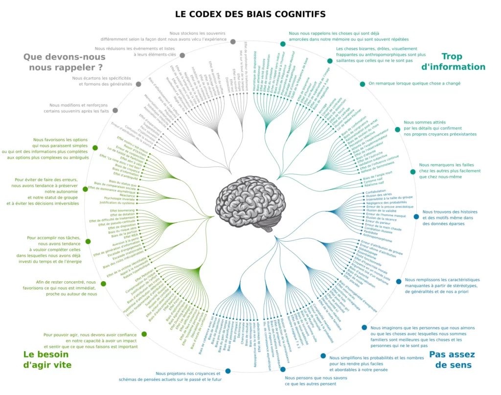 Le Codex des biais cognitifs en français classé en 4 familles par Buster Benson.